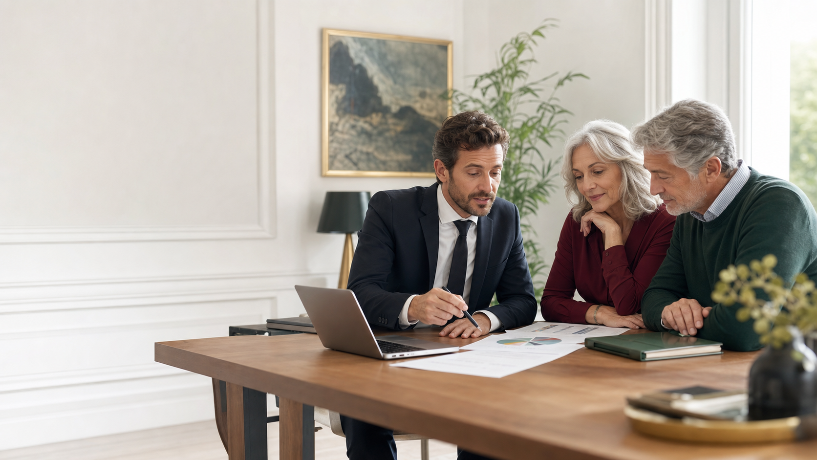 Conseiller patrimonial étudiant une stratégie d'assurance vie avec un couple de retraités